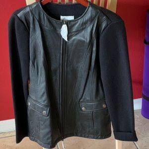 Liinea by Louis DelOllio leather jacket with knit sleeves and back
